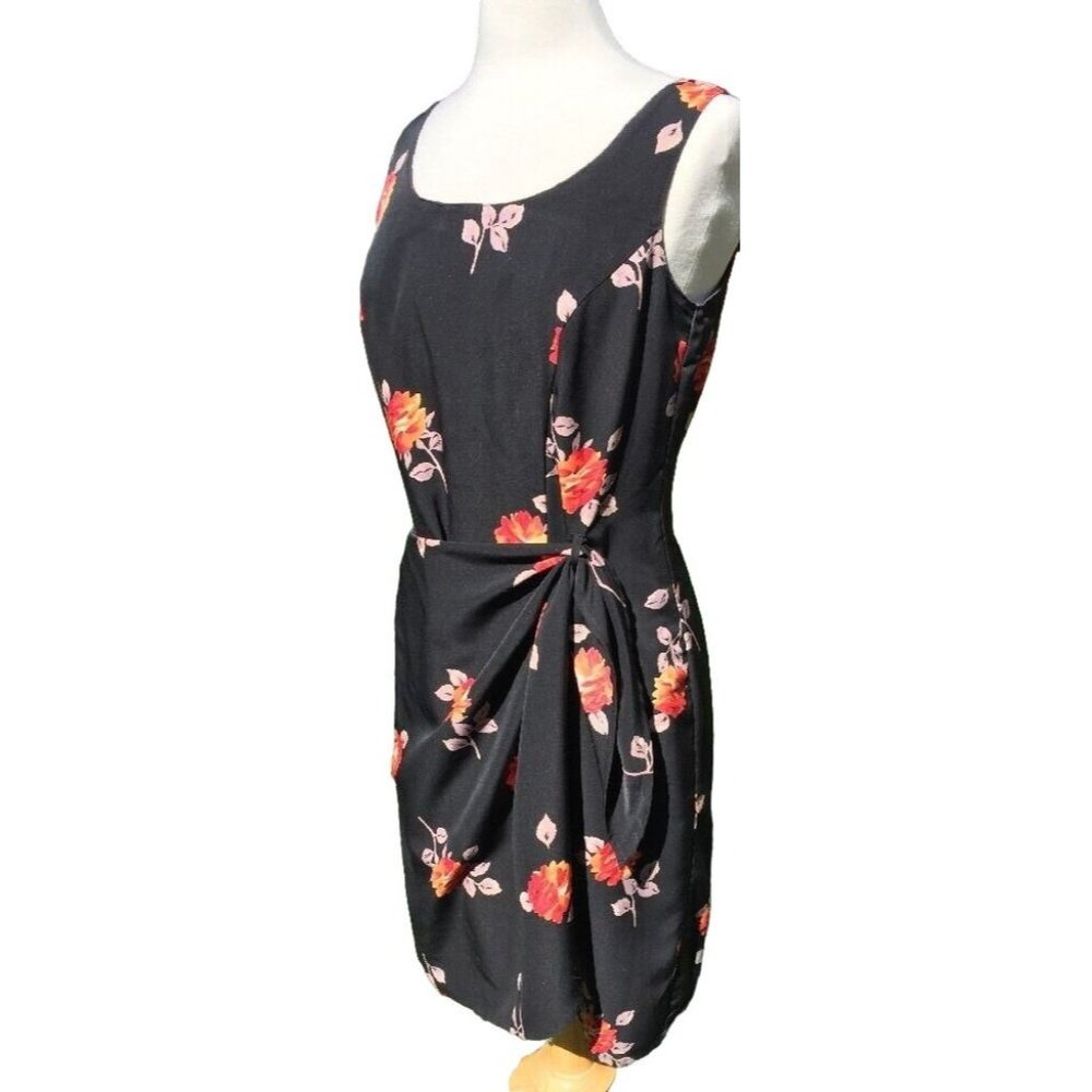 Debra Martin Black dress with peach flowers  & swag tie front Size 14